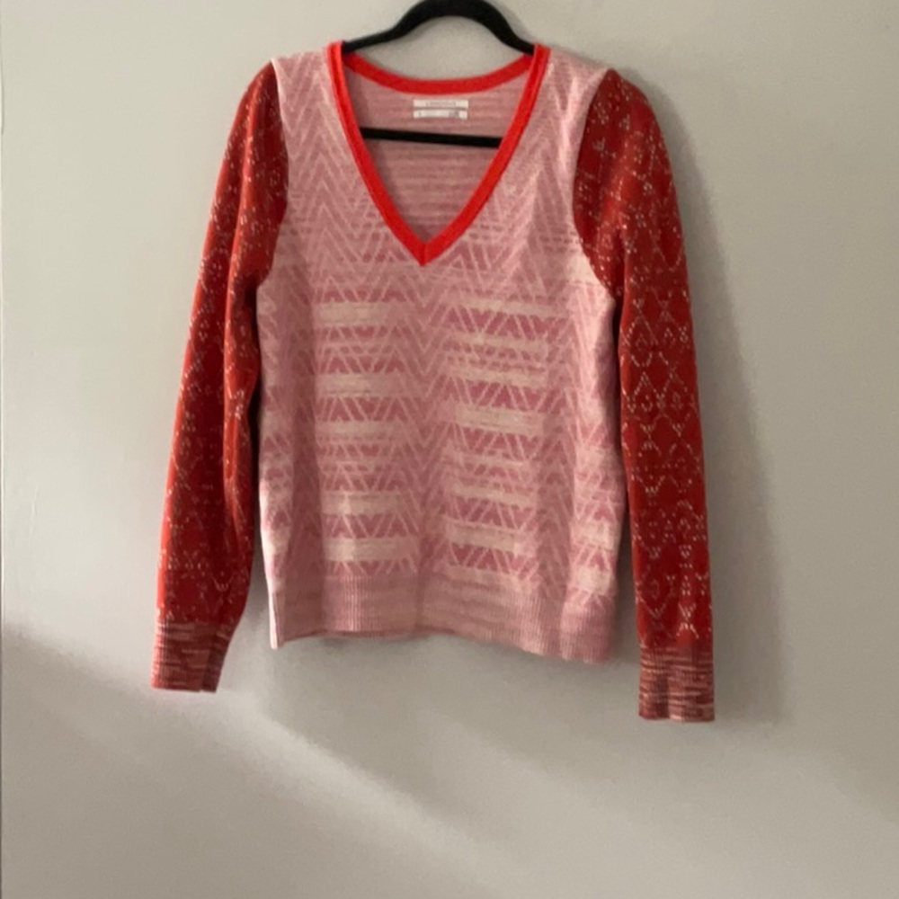 Anthropologie Pink and Red V-Neck Sweater with Chevron Knit